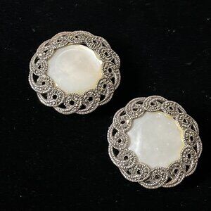 Vintage Mother of Pearl Marcasite Sterling Silver Clip On Earrings 13.7g